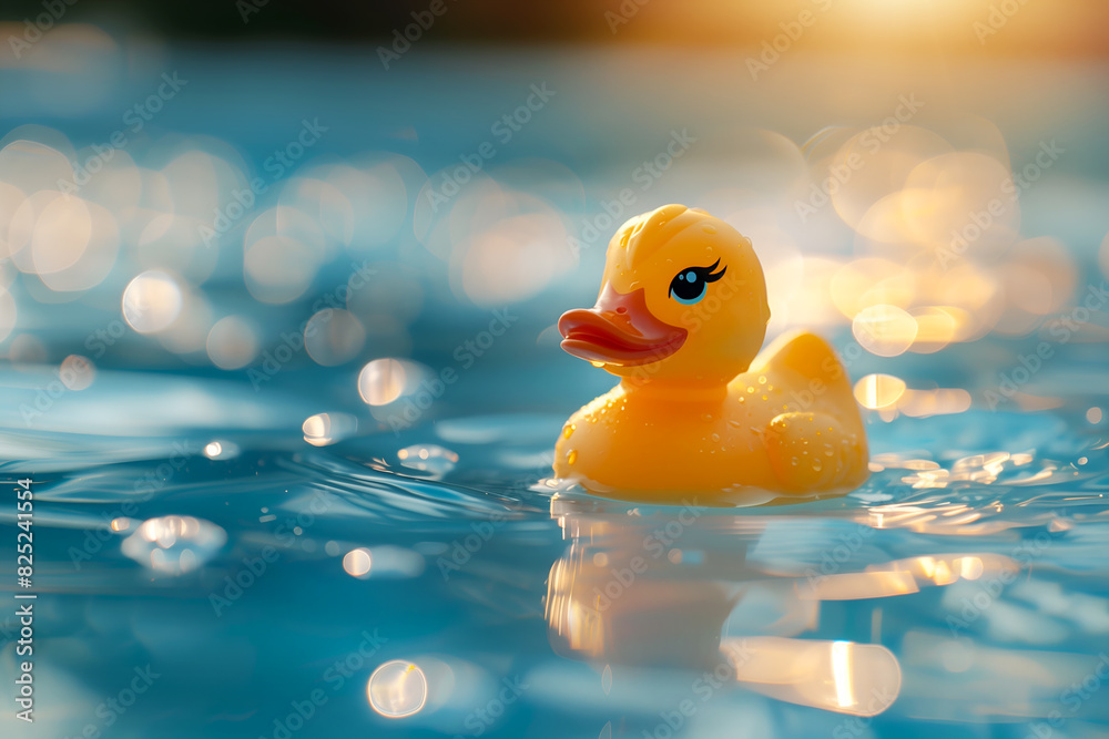 Sunny yellow rubber duck floating on water in the pool with glimmering light reflections, evoking summer joy. Perfect for children's products, bathroom decor and bath time fun. Kids swimming tool Sunny yellow rubber duck floating on water in the pool with glimmering light reflections, evoking summer joy. Perfect for children's products, bathroom decor and bath time fun. Kids swimming tool