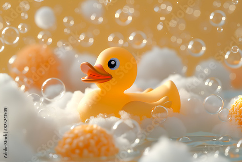 Yellow rubber duck among soap foam bubbles in a foamy bath, yellow background. Rubber duck in a bubbly ambiance, perfect for bath themes. Bright rubber duck surrounded by glistening bubbles and foam