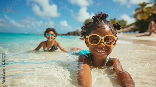 Summer Vacation Bliss: Capture the essence of a perfect summer vacation with a family enjoying a beach resort, swimming, and playing in the sand. Highlight joy, relaxation, and family bonding. 