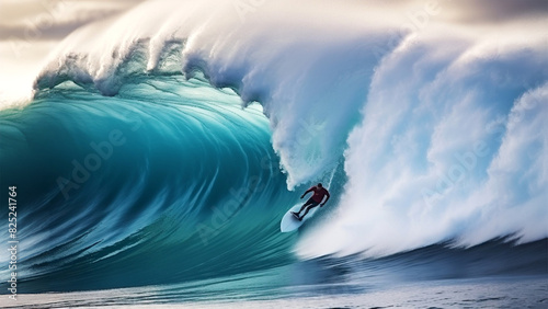 Surfer on crest of huge wave photo