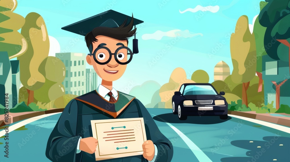 Obraz premium a professional cartoon of a gradute wearing graduation outfit, holding a certificate, In the background there is a car on a road
