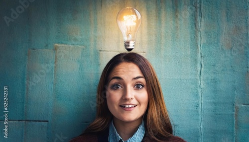 Illuminated light bulb above the head of a young woman, the concept of having an idea of a surprised girl with eureka on an old blue wall