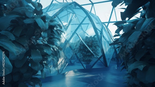 Futuristic plants in a glass enclosure with neon light for modern interior design photo