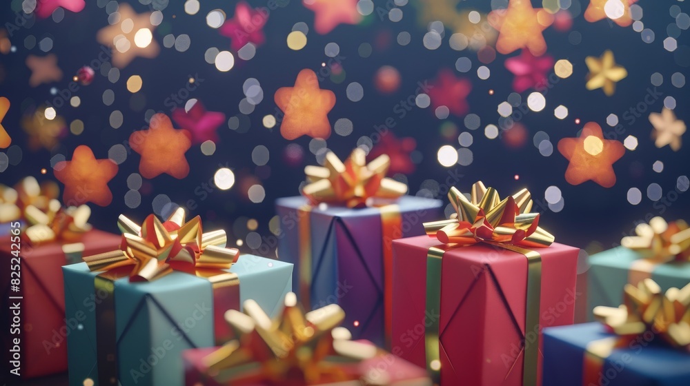 Colorful gift boxes with gold bows and ribbons placed on a festive background. Colorful gift boxes with gold bows and ribbons placed on a festive background.