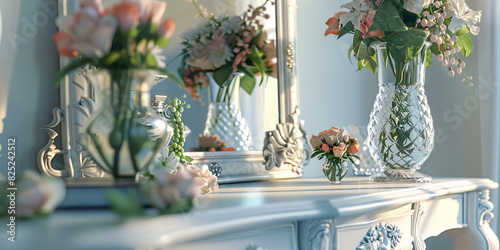 Southern Belle Desk: An elegant desk designed for a female professional, featuring delicate floral accents, a crystal vase and a framed mirror, evoking the grace and beauty of Southern womanhood