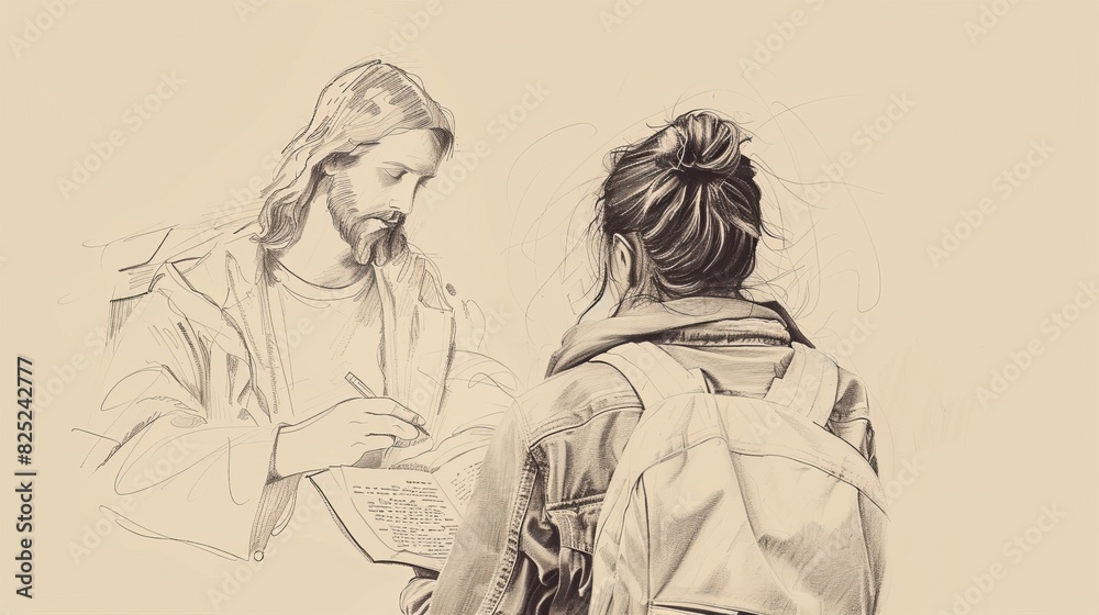 Biblical Illustration of a Person Studying Scripture with Jesus's Image Providing Wisdom Biblical Illustration of a Person Studying Scripture with Jesus's Image Providing Wisdom