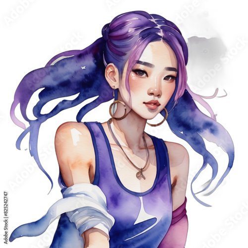 Watercolor Painting Illustration Transparent .PNG of Chinese LGBTQ+ Toned body Violet hair Twists celebrating pride wearing Sapphire Queer skort photo