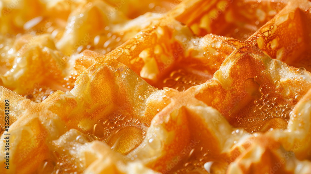 A waffle with honey dripping from it A waffle with honey dripping from it