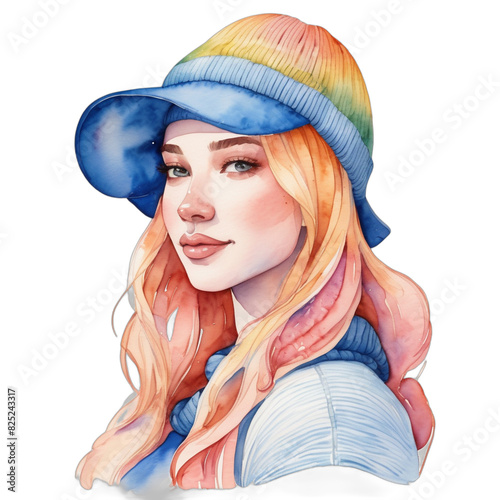 Watercolor Painting Illustration Transparent .PNG of Brazilian LGBTQ+ Curvy body Peach hair Long Layers celebrating pride wearing Cornflower blue Pansexual knit hat