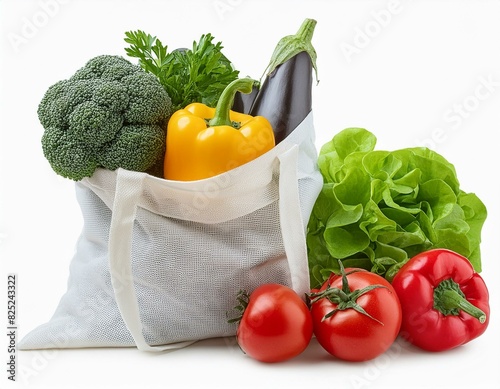 Weiße Einkaufstüte voll mit Gemüse - Karotten, Paprika, Melanzani, Tomate, Gurke und Brokkoli und Salat photo