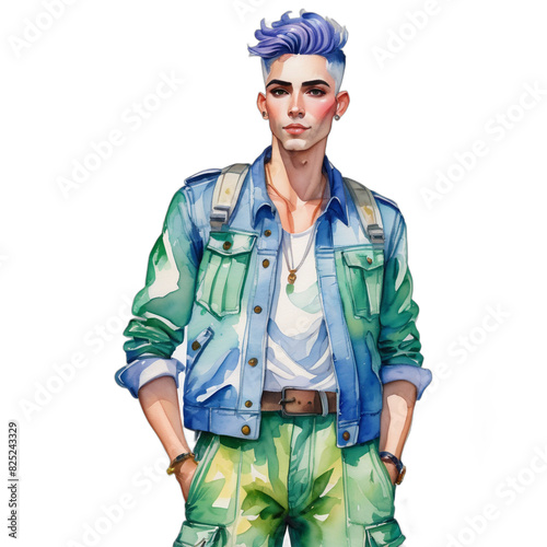 Watercolor Painting Illustration Transparent .PNG of Portuguese LGBTQ+ Broad-shouldered body Periwinkle hair Pompadour celebrating pride wearing Mint Genderfluid cargo pants