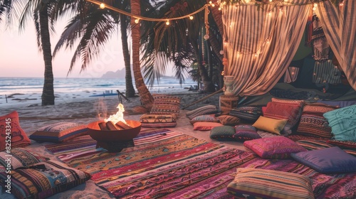 Photo of a cozy beach camp setup with colorful pillows, rugs, and a fire pit under palm trees at sunset, featuring string lights and an ocean view.