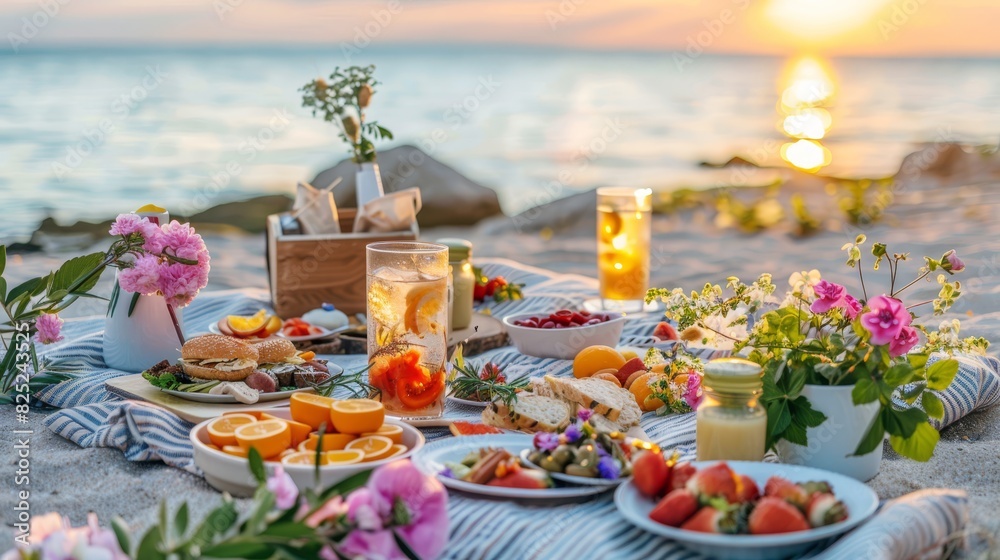 Photo of a beach picnic at sunset with a variety of foods and drinks set on a blanket by the shore, featuring a beautiful ocean view and colorful sky.