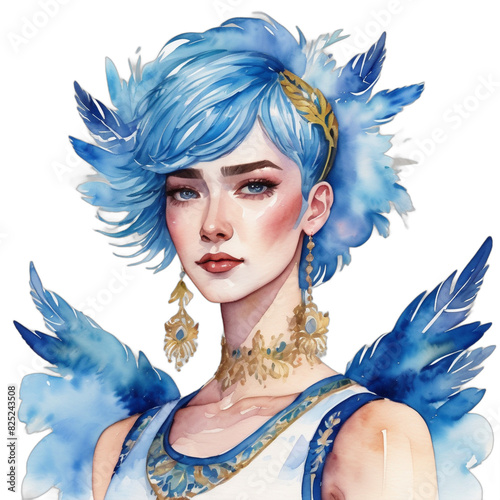 Watercolor Painting Illustration Transparent .PNG of Russian LGBTQ+ Athletic body Sky Blue hair Feathered Cut celebrating pride wearing Sapphire Non-binary dress