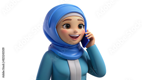 3D Muslim Woman Character in Hijab Chatting on a Mobile Phone