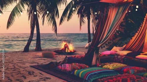 Photo of a cozy beach camp setup with colorful pillows, rugs, and a fire pit under palm trees at sunset, featuring string lights and an ocean view.