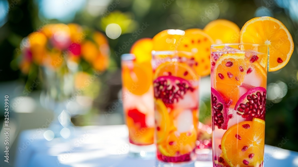 Photo of vibrant orange and pomegranate drinks with ice, garnished with orange slices and pomegranate seeds, in clear glasses on a sunny day.