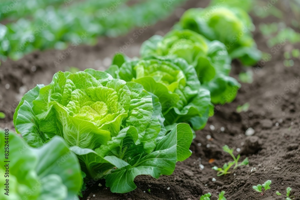 Vibrant green lettuce heads thriving in fertile garden soil, showcasing organic farming