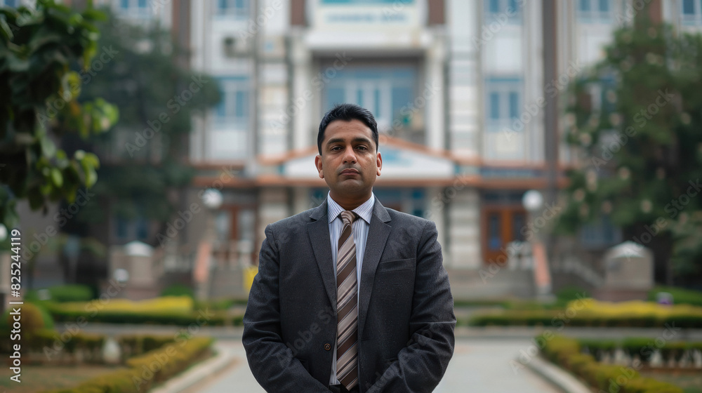 Indian male lawyer standing in front of court house Indian male lawyer standing in front of court house