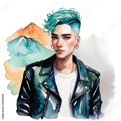 Watercolor Painting Illustration Transparent .PNG of New Zealander LGBTQ+ Boyish body Turquoise hair Buzz Cut celebrating pride wearing Apricot Asexual leather jacket