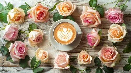 Photo of a latte with beautiful latte art in a white cup  surrounded by various shades of pink and peach roses on a wooden table.