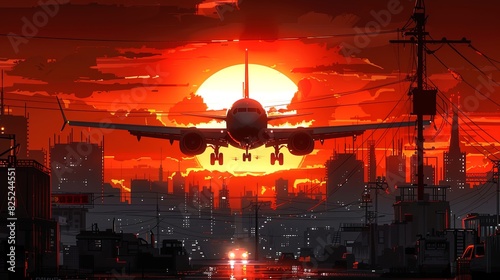 Airplane landing in the city during a stunning sunset with vibrant red and orange skies, creating a dramatic urban scene.