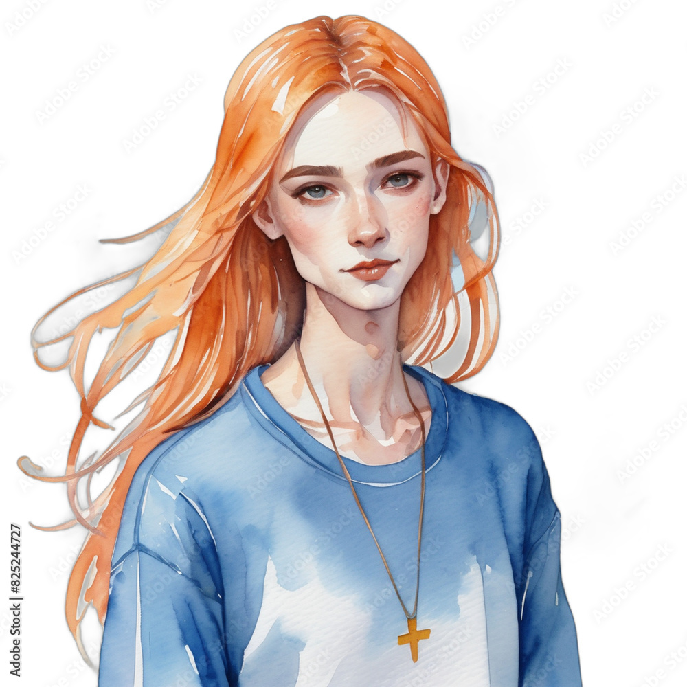 Watercolor Painting Illustration Transparent .PNG of Ukrainian LGBTQ+ Long-limbed body Tangerine hair Blunt Cut celebrating pride wearing Powder blue Queer long-sleeve shirt Watercolor Painting Illustration Transparent .PNG of Ukrainian LGBTQ+ Long-limbed body Tangerine hair Blunt Cut celebrating pride wearing Powder blue Queer long-sleeve shirt