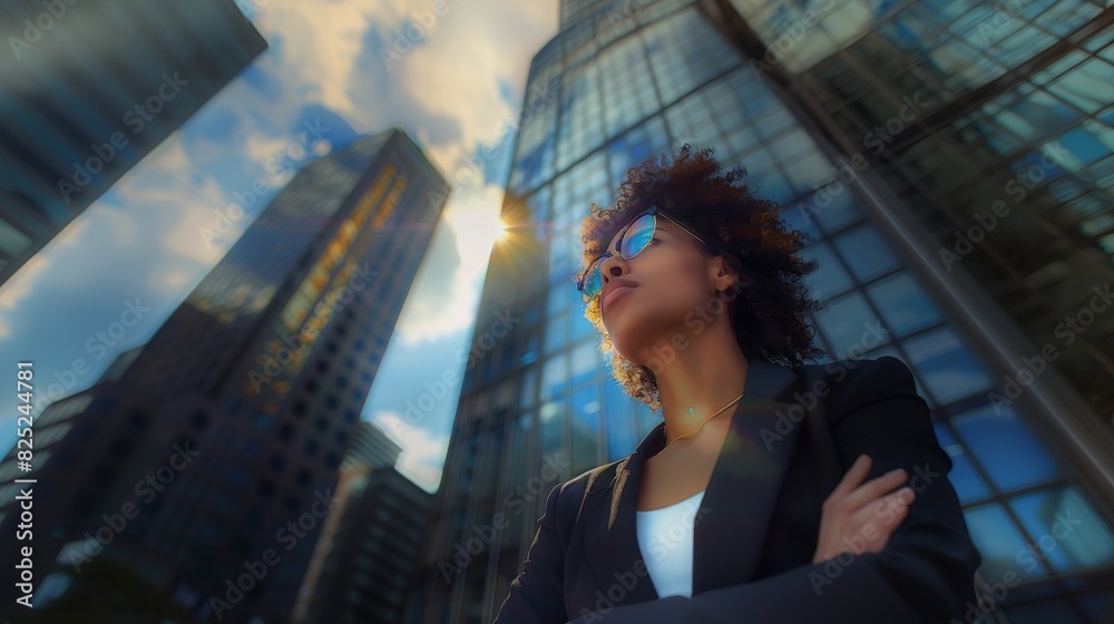 Confident mixedrace businesswoman standing among skyscrapers, with dramatic sunlight flaring in the cityscape behind her