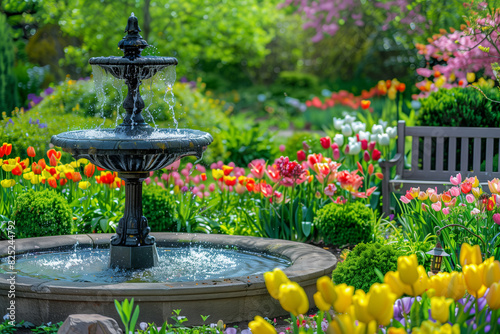 A photograph of a garden in spring, with a variety of blooming flowers, a small fountain in the center, and a stone bench. Background of lush greenery and a blue sky. Soft, natural light enhances the