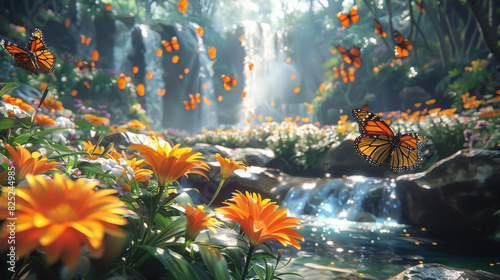 A waterfall surrounded by orange flowers and butterflies