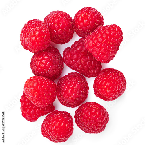 Raspberry isolated. Fresh raspberries on white background. Heap of raspbrries top view, flat lay, package design.