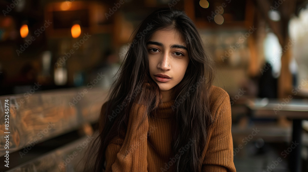 young woman sitting in the restaurant taking tea or coffee and thinking
