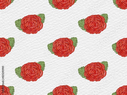 Rose red flower and leaves seamless pattern,Hand drawn white background.