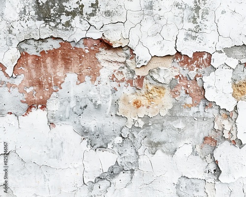 The photo shows a white wall with cracks and peeling paint.