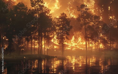 The photo shows a forest fire at night. The flames are reflected in the water with dark trees in the background.
