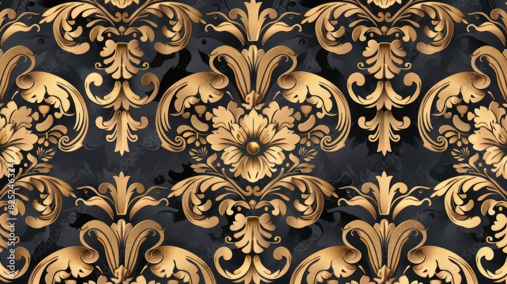 Repeating Damask pattern with antique gold design on black background Floral ornament in baroque style Repeating Damask pattern with antique gold design on black background Floral ornament in baroque style