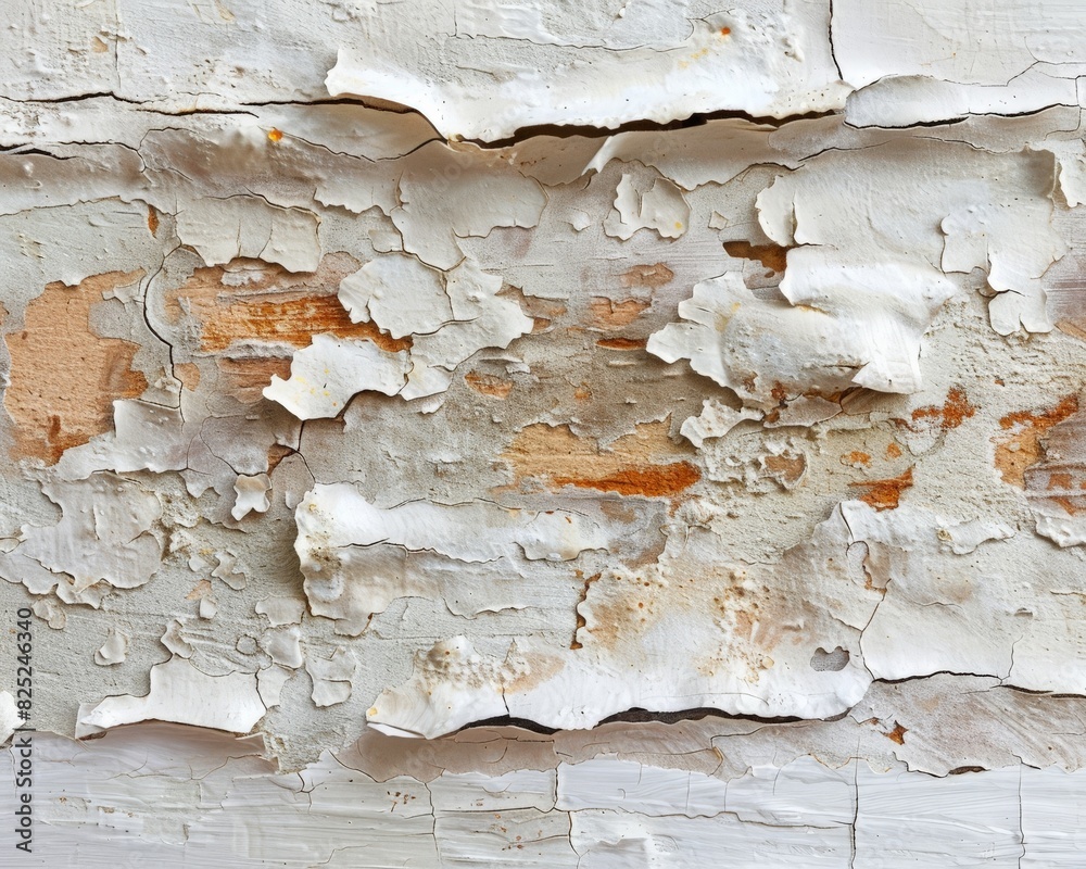 The photo shows white and brown cracked peeling paint texture.