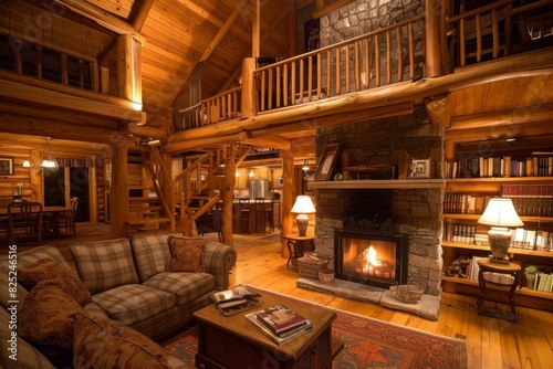 Welcoming log cabin living room at night with a glowing fireplace and rustic decor