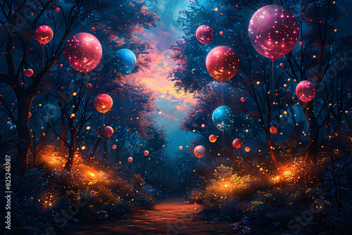 A forest with balloons floating between the trees, creating a magical atmosphere and play of colors