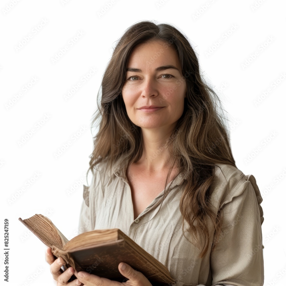 a smart 30 year old woman holding a book, white background a smart 30 year old woman holding a book, white background