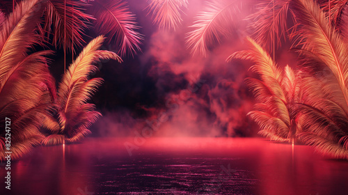 Tropical Paradise in vibrant red light. Copy space. Generative AI 