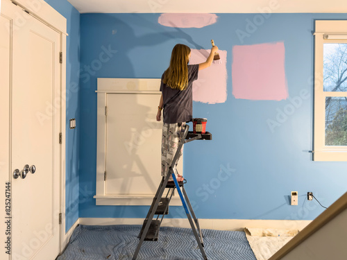 Young girl diy Painting her bedroom in renovation of room