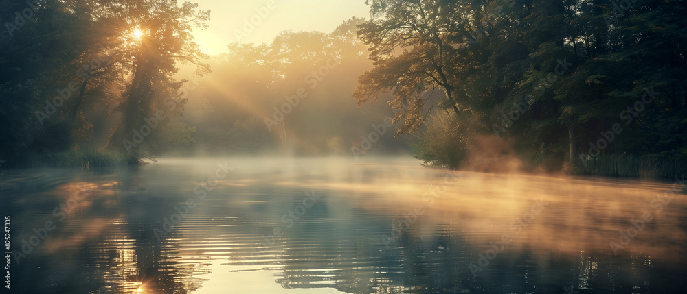 A tranquil morning mist over a tranquil lake A tranquil morning mist over a tranquil lake