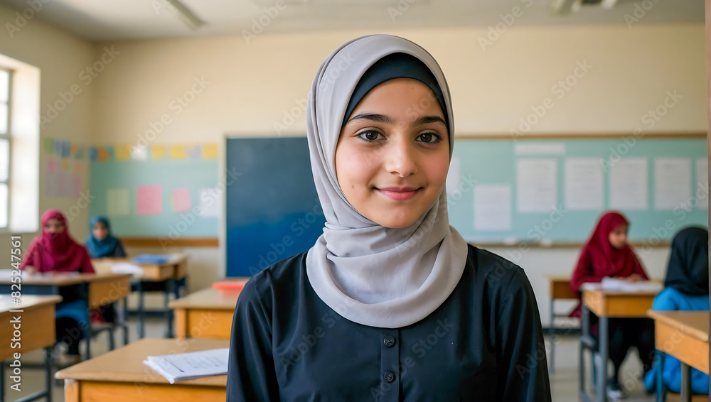 Portrait of a young female student in a classroom wearing a hijab and smiling
