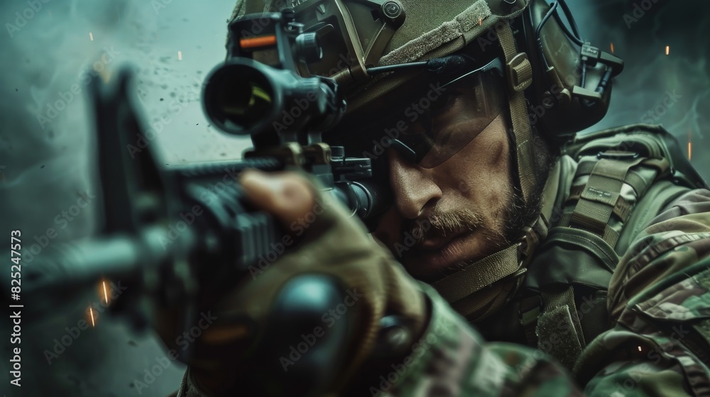 Portrait of special forces soldier in action. Portrait of special forces soldier in action.