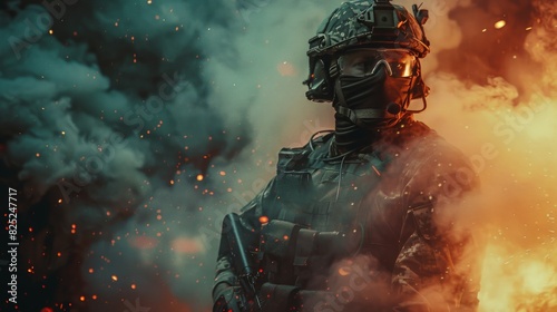 Portrait of special forces soldier in action.