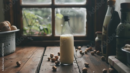 Glass bottle of homemade nut milk with peanuts on a rustic wooden table in a kitchen setting
