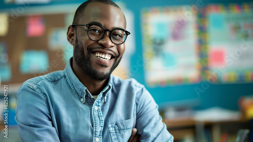 Confident African American Teacher Smiling in Classroom Portrait © mattegg