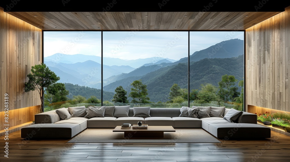 Fototapeta premium Spacious modern living room with large windows and breathtaking mountain view showcased in luxurious interior design