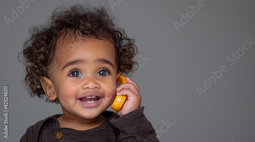 Adorable curlyhaired toddler having an imaginative conversation on a sunny yellow toy phone against a neutral grey backdrop